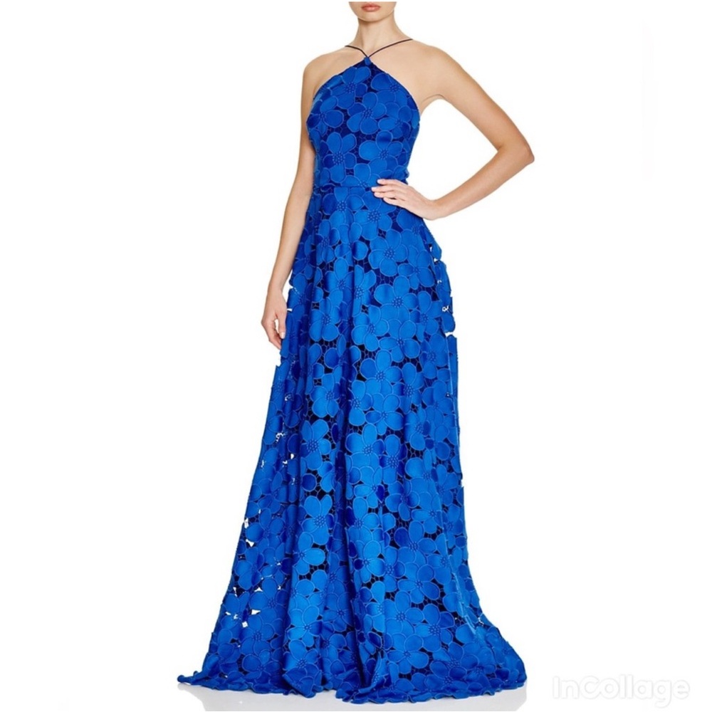 Badgley Mischka Floral Crochet Lace Maxi Gown Royal Blue Size 14 Wedding Formal